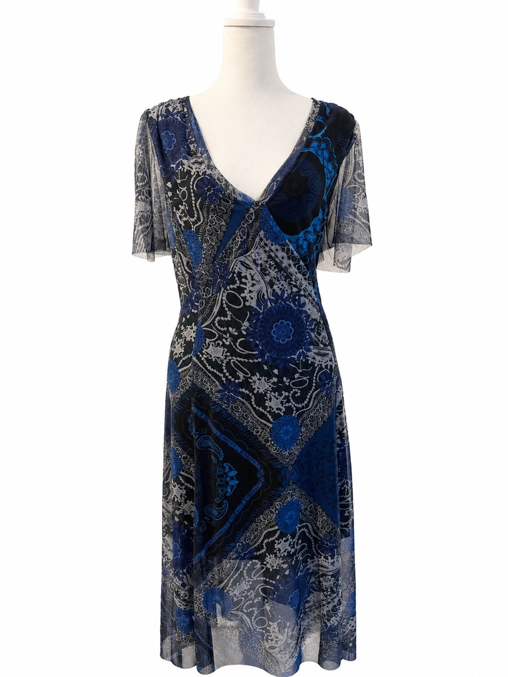 Desigual Navy and Royal Blue Printed V-Neck Midi Dress